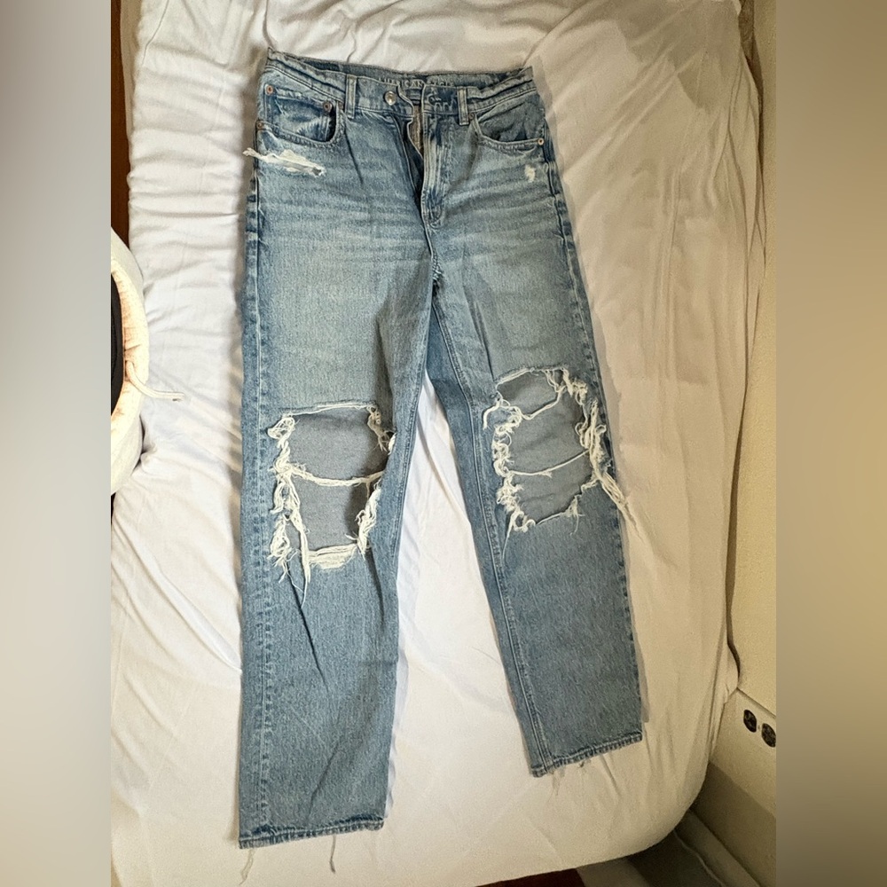 American Eagle Outfitters Ripped Light Blue Straight Leg Jeans
